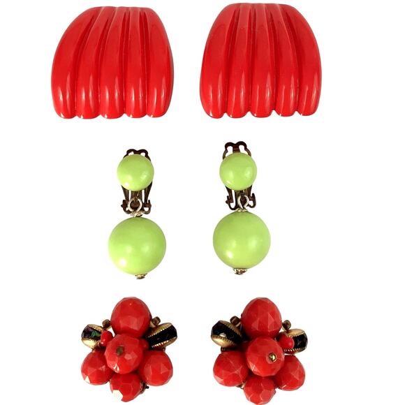 VTG Red Marked W Germany Cluster, Lime Green Go Go Girl 60s, Earrings Lot of 3 - Picture 1 of 7